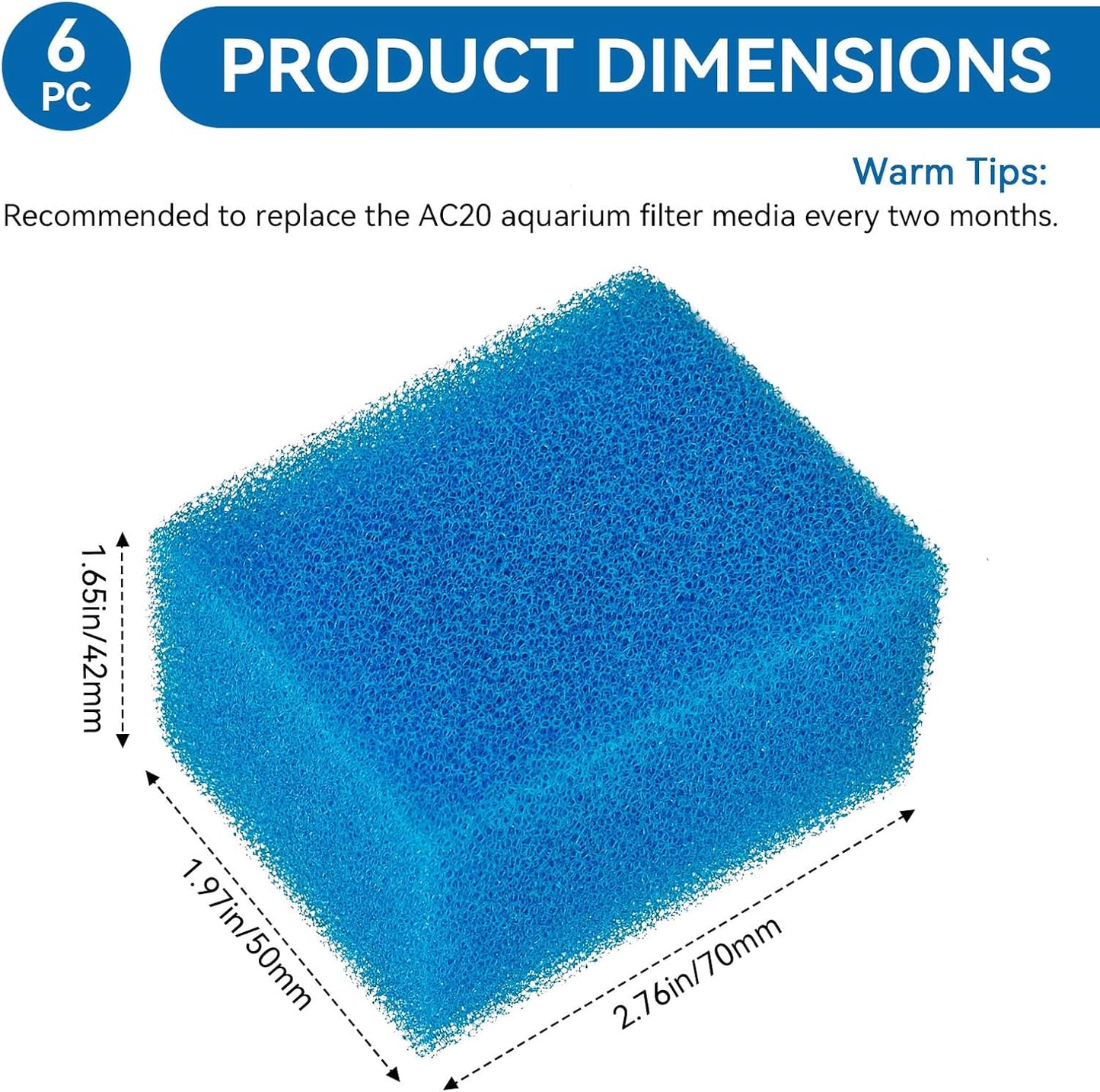 Bio-Foam for AC20 Power Filter, Replacement Aquarium Sponge Filter Media Foam Construction for Use in Freshwater & Saltwater Aquariums, 30PPI Filter Sponge Pads (6 PCS)
