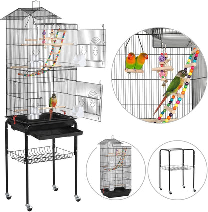 Yaheetech Bird Cage 64'' Medium Small Parrot Parakeet Bird Cages with Detachable Rolling Stand for Parrot Lovebirds Finches Parakeets Budgie Parrotlet Conures, Pet Flight Birdcage