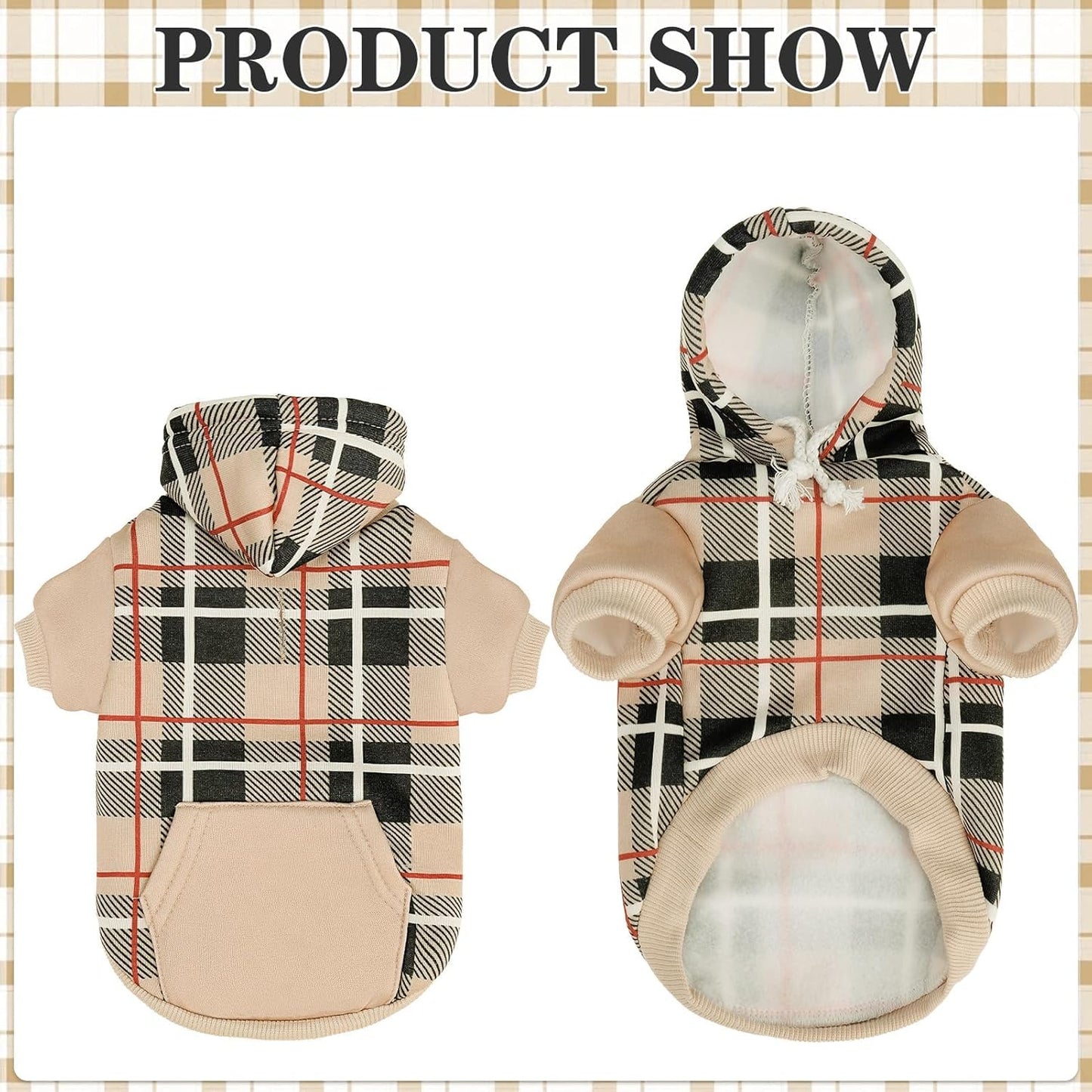 EXPAWLORER Plaid Cat Hoodie - British Style Warm Cat Sweater Shirt with Leash Hole,Pet Clothes Outfits,Winter Coat Apparel for Puppy Cats Girl Boy-Kitten Apparel,Beige S