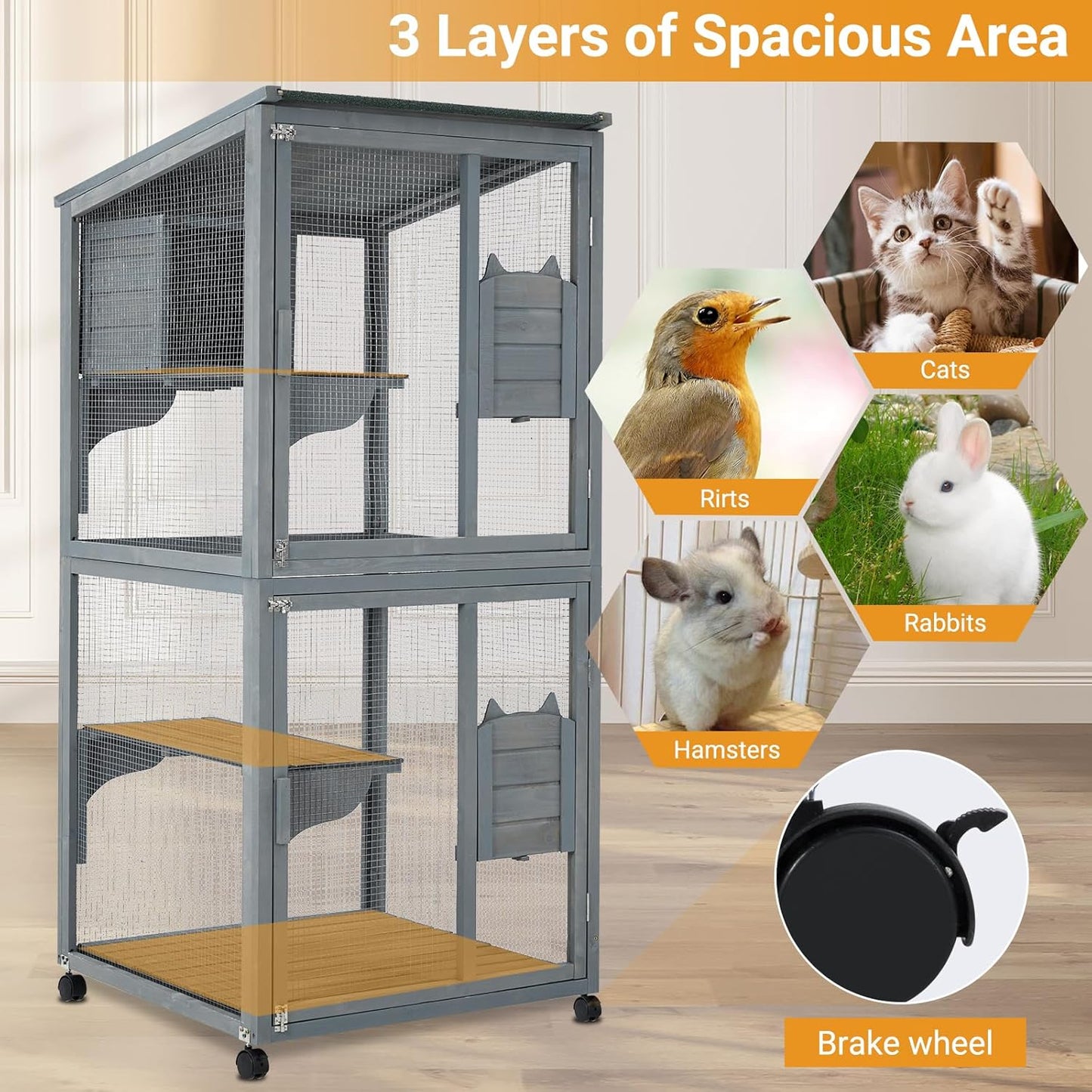 4 Tier Cat Enclosure, 69 Inch Large Catio with Wooden Cabin, Weatherproof Roof, Lockable Caster, Solid Steel, Spacious for Multi-Cat Families, Outdoor and Indoor Use, Grey
