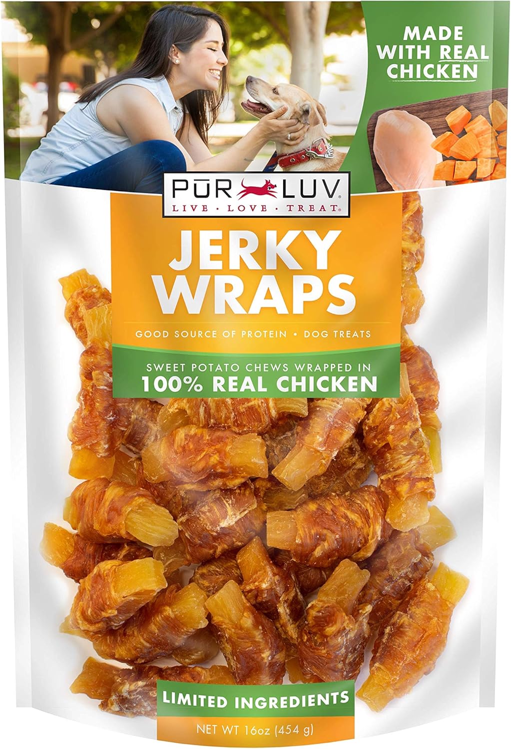 Pur Luv Chicken Wrapped Sweet Potato Dog Treats, Rawhide Free Jerky Wraps, Made with Real Chicken, 16 Oz, Healthy, Easily Digestible, Long Lasting, High Protein Treat, Satisfies Dog's Urge to Chew
