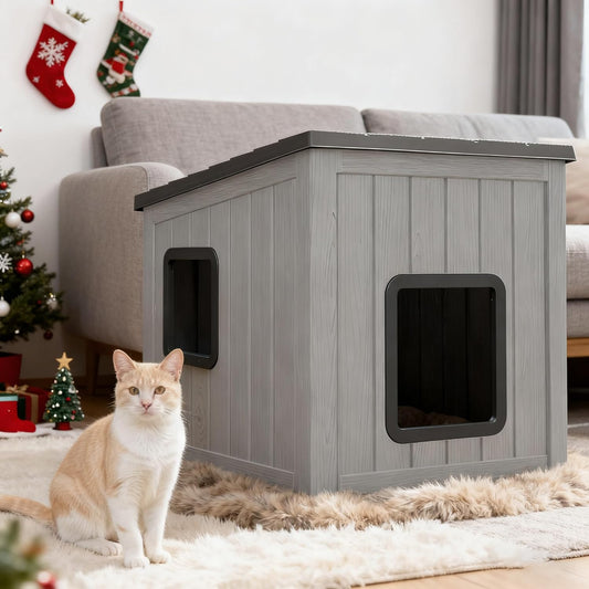 KAMABOKO Outdoor Cat Shelter Weatherproof PP Plastic Cat House for Winter, Insulated Cat Condo for Feral and Outdoor Cats with Waterproof Flat Base for Porch, Backyard, Black