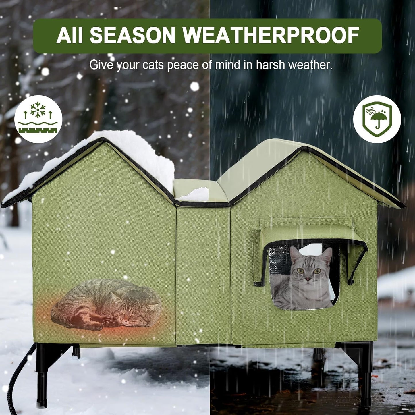Heated Cat House, Extra Large Heated Outdoor Cat House Weatherproof with Heating Pad for Winter, Elevated Waterproof Insulated Cat Houses for Outdoor Cats, Warm Feral Cat Shelter (Green)