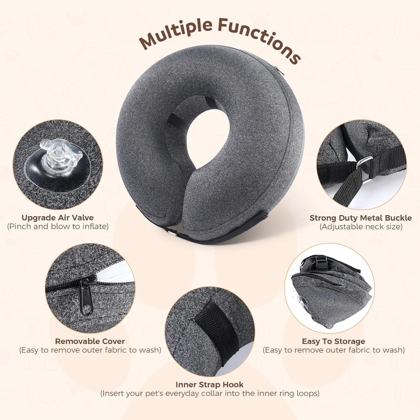 Dog Cone Collar, Inflatable Recovery Cone After Surgery, Adjustable Blow up Dog Donut Collar, Pet Recovery Collar for Dogs and Cats Size XS up to 5”