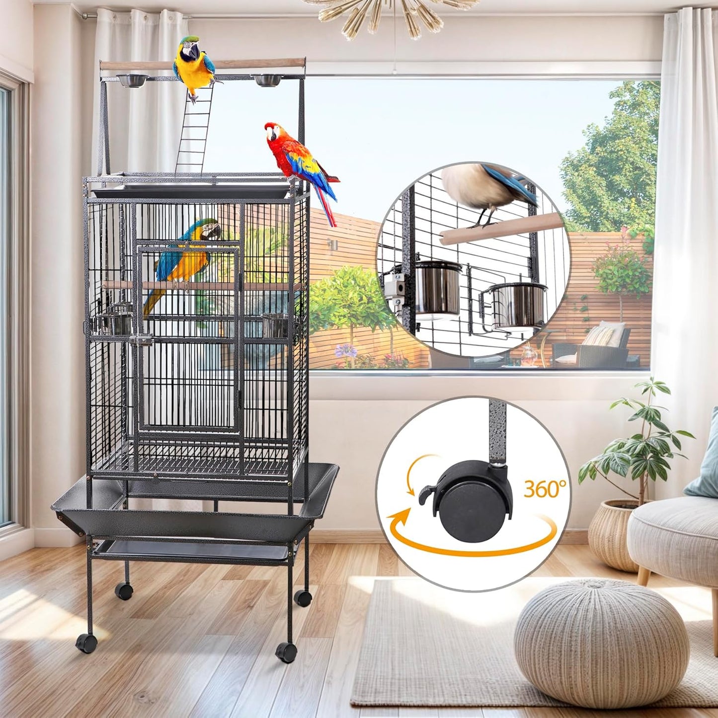 HSM 68 Inch Wrought Iron Large Bird Flight Cage with Rolling Stand for African Grey Parrot Cockatiel Sun Parakeet Conure Lovebird