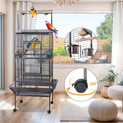 HSM 68 Inch Wrought Iron Large Bird Flight Cage with Rolling Stand for African Grey Parrot Cockatiel Sun Parakeet Conure Lovebird