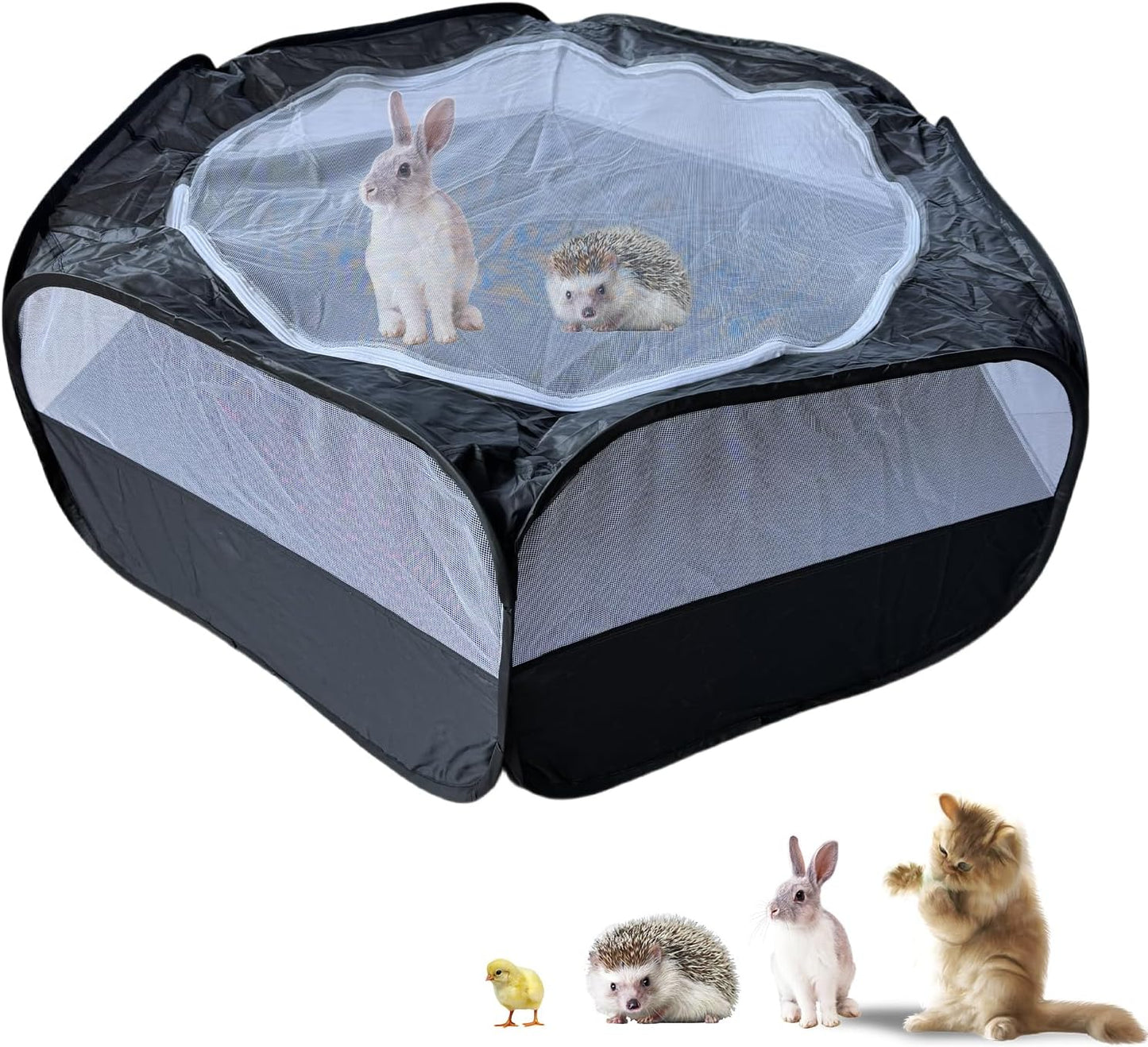 Small Animal Playpen with Zippered Mesh Cover - Portable Foldable Chicken Brooder Box, Indoor Outdoor Enclosure for Guinea Pigs, Bunny, Rabbits, Ferrets, Chinchillas, Kittens (Black)