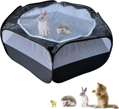 Small Animal Playpen with Zippered Mesh Cover - Portable Foldable Chicken Brooder Box, Indoor Outdoor Enclosure for Guinea Pigs, Bunny, Rabbits, Ferrets, Chinchillas, Kittens (Black)