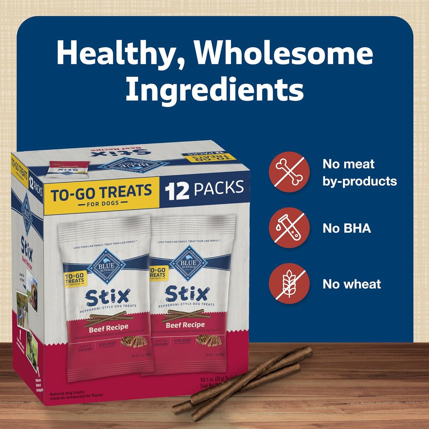 Blue Buffalo Stix Natural Soft Moist Dog Treats TOGO Beef Recipe, 1oz Bags, Pack of 12