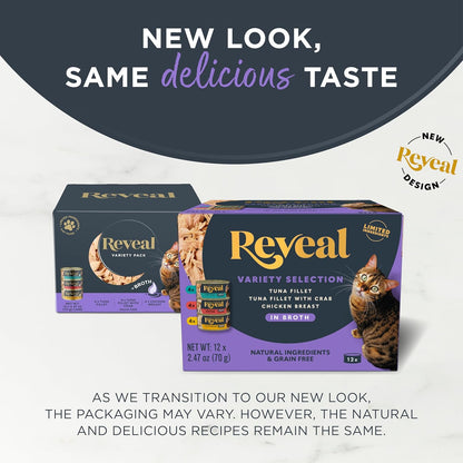 Reveal Natural Wet Canned Cat Food, Limited Ingredient, Grain Free, High Protein with No Artificial Additives, Fish and Chicken Variety in Broth, (12 x 2.47 oz Cans)
