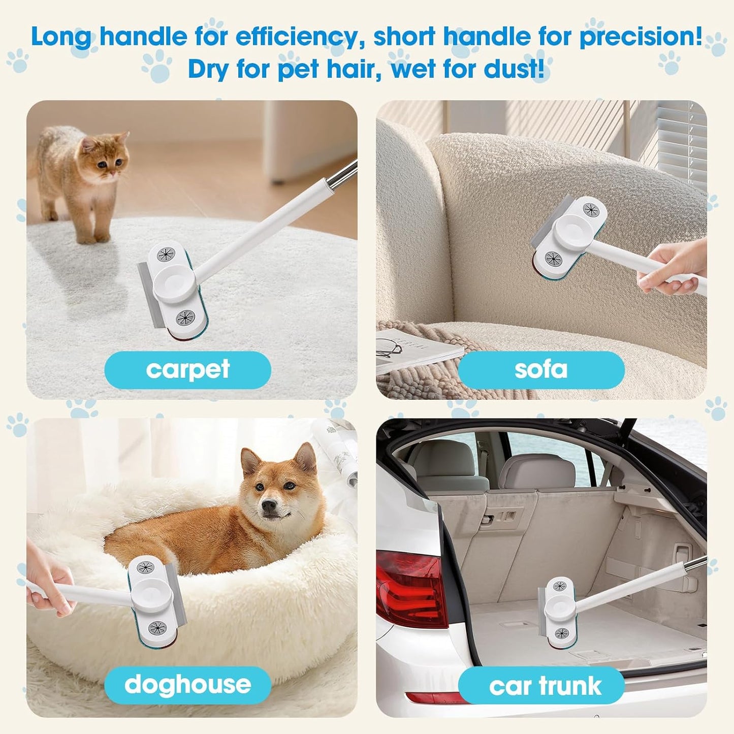 Multi-Functional Pet Hair Remover with Extended Handle, 25° Angle Design & Dual-Directional Bristles - Wet Dry Tool to Uproot Stubborn Hair & Clean Carpet, Furniture, Car for Dogs & Cats