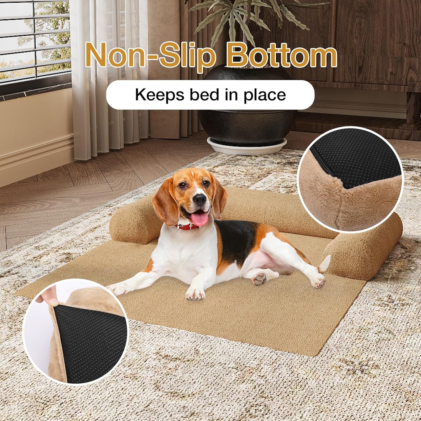 Orthopedic Dog Bed for Large Dogs, Washable Sofa Protector Pet Bed with 3-Sided Bolster, Shredded Memory Foam & Plush Support, Non-Slip Bottom for Medium & Small Dogs