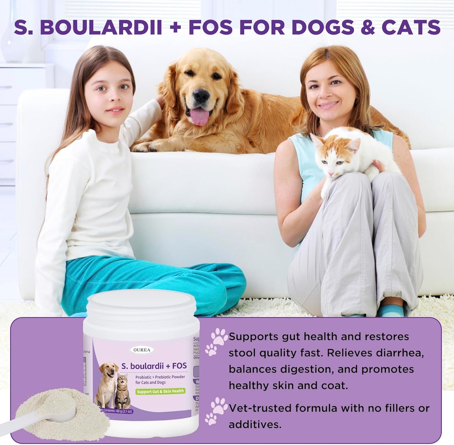 S.boulardii + FOS Pet Probiotic Powder for Dogs & Cats, 6.7 Billion CFU, Gut & Immune Support, Loose Stool & Digestive Upset Relief, Improves Stool Consistency, Skin Health, Veterinarian Recommended