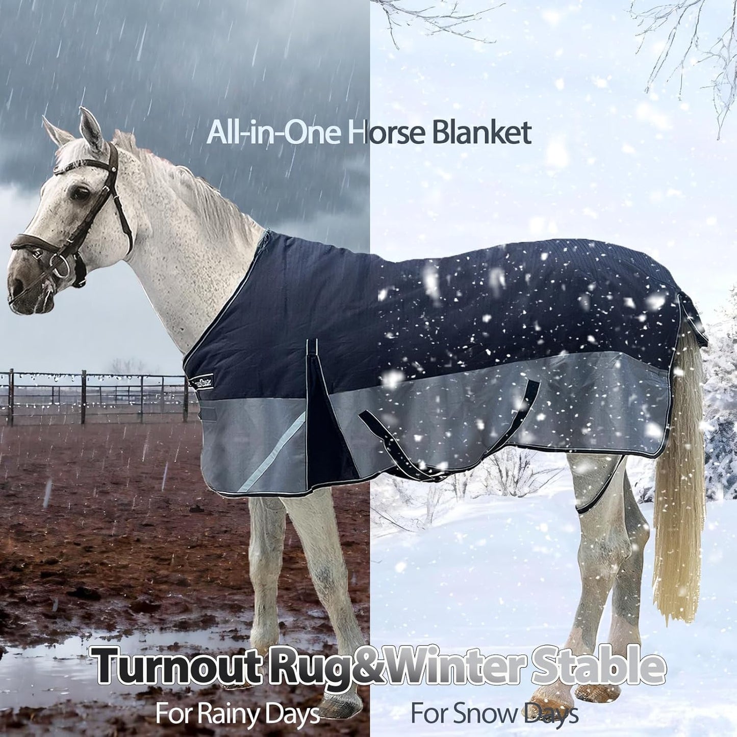 300g Fill 1200D Mid-Heavy Weight Winter Waterproof and Breathable Horse Blanket Belly Straps| Turnout Blankets with Reflective Strips (Black/Gray, 66'')