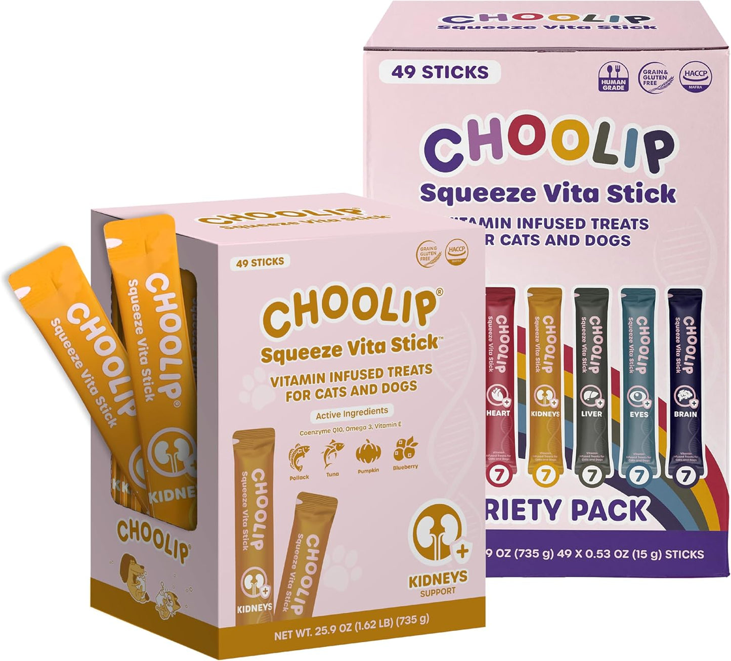 Choolip Bundle | 49 Variety Squeeze Vita Sticks + 49 Kidney Support Squeeze Vita Sticks with Essential multivitamins [Both Products are for Cats & Dogs of All Life Stages]