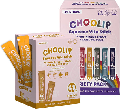 Choolip Bundle | 49 Variety Squeeze Vita Sticks + 49 Kidney Support Squeeze Vita Sticks with Essential multivitamins [Both Products are for Cats & Dogs of All Life Stages]