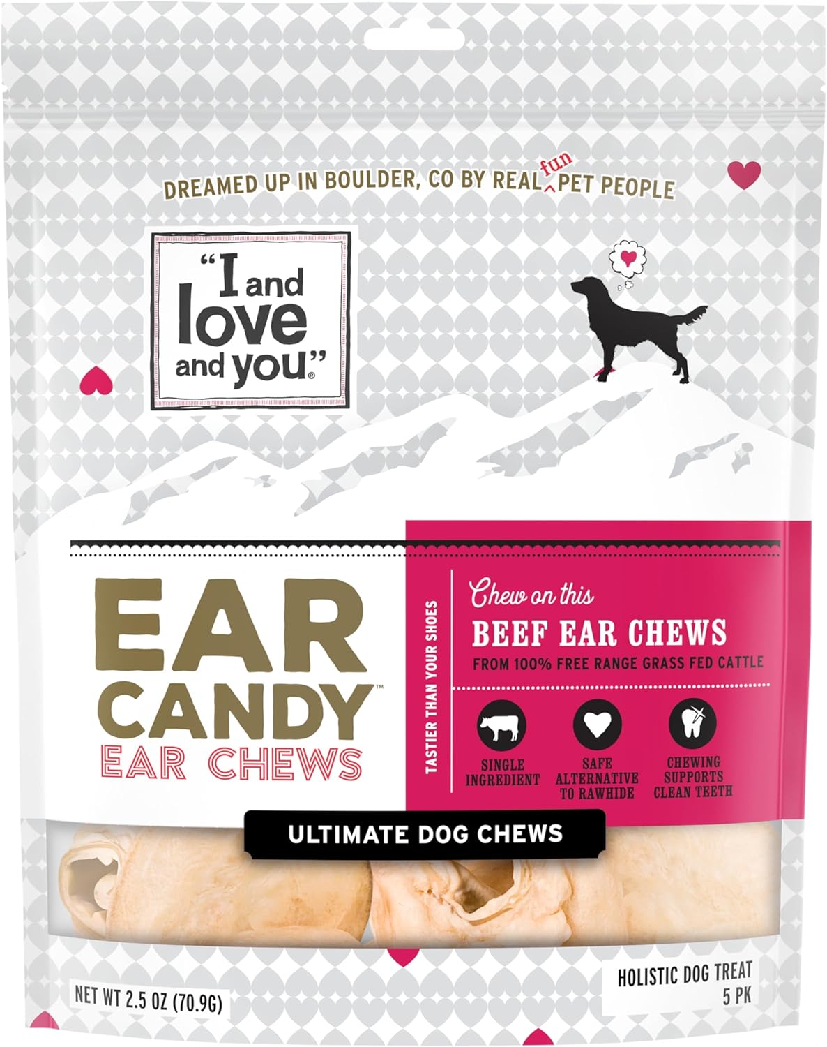 I and love and you Ear Candy Cow Ear Chews - Beef - Rawhide Alternative, Single Ingredient, Free Range Grass Fed Beef, 5ct