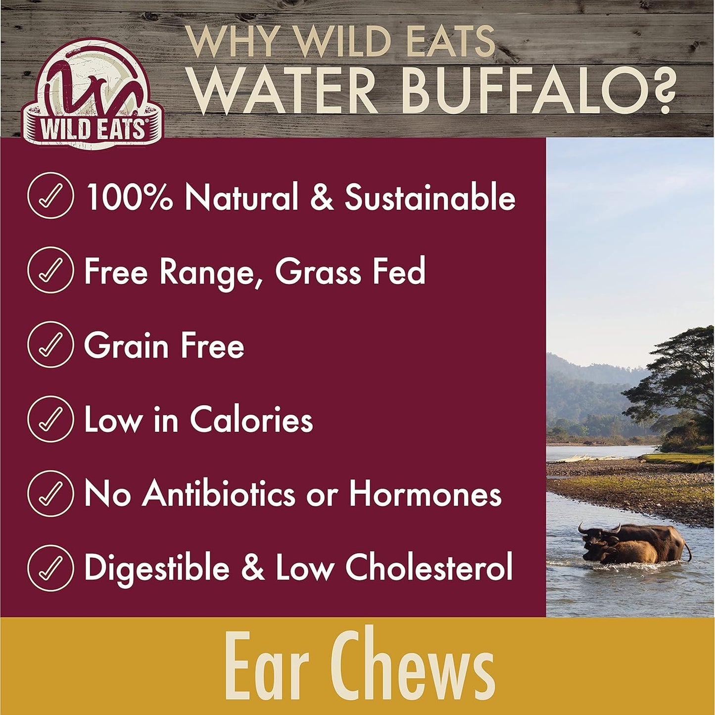 Wild Eats Water Buffalo All Natural Ear Dog Chews, Dog Treats & Snacks - 20 Piece Value Pack (Grain Free Treats - Great Alternative to Pig Ears, Cow Ears, Bones & Rawhides)