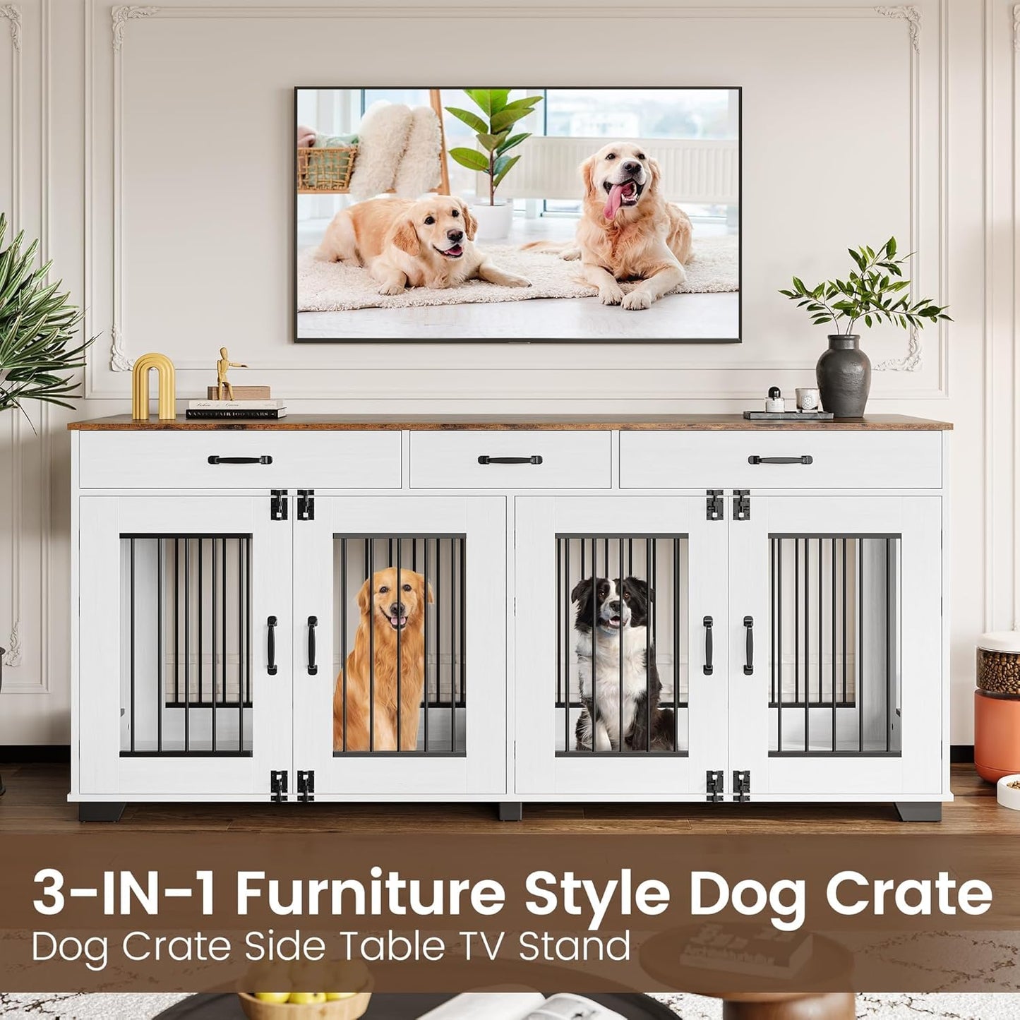 71'' Dog Crate Furniture, Wooden Indoor Dog Kennel for 2 Dogs with 3 Drawers and Removable Room Divider, XXL Double Dog Crate TV Stand End Table with Double Doors for Large Medium Dogs