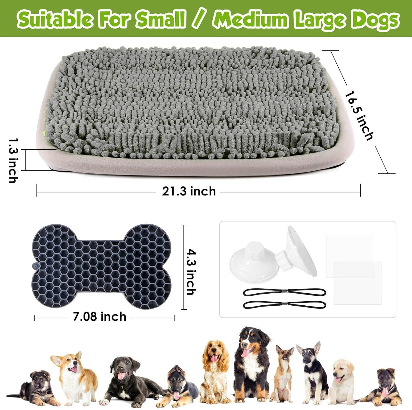 Snuffle Mat for Dogs 21x16Inc and Small Silicone Lick Mat for Dog,Dog Sniffiing Interactive Foraging Puzzle Toy, Stress Relief & Training for Small/Medium/Large Dogs(Gray)