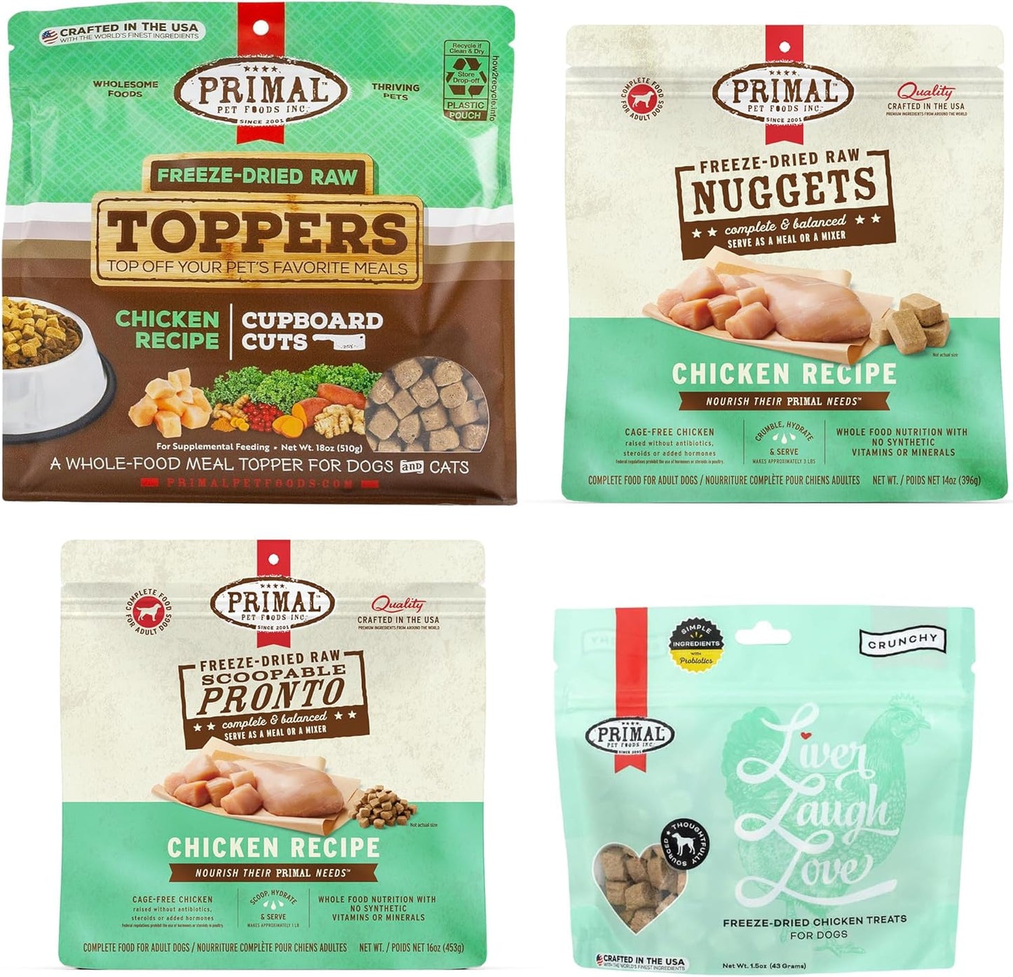 Primal Freeze Dried Raw Dog Food & Treats, Chicken Essentials Bundle - Includes Nuggets, Pronto, Cupboard Cuts, and Chicken Liver Treats 1.5, 14, 16 & 18 OZ