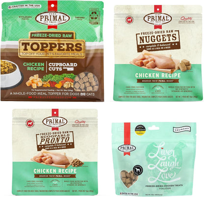Primal Freeze Dried Raw Dog Food & Treats, Chicken Essentials Bundle - Includes Nuggets, Pronto, Cupboard Cuts, and Chicken Liver Treats 1.5, 14, 16 & 18 OZ