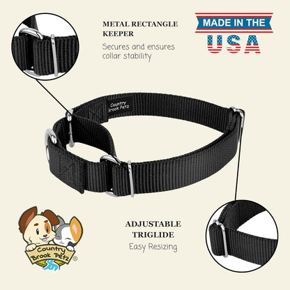 Country Brook Petz - Martingale Dog Collar - Heavy-Duty Training Collar with No Buckle - Service Dog Collar for All Pups - 10+ Cool Colors (Black, 1 Inch, Medium)