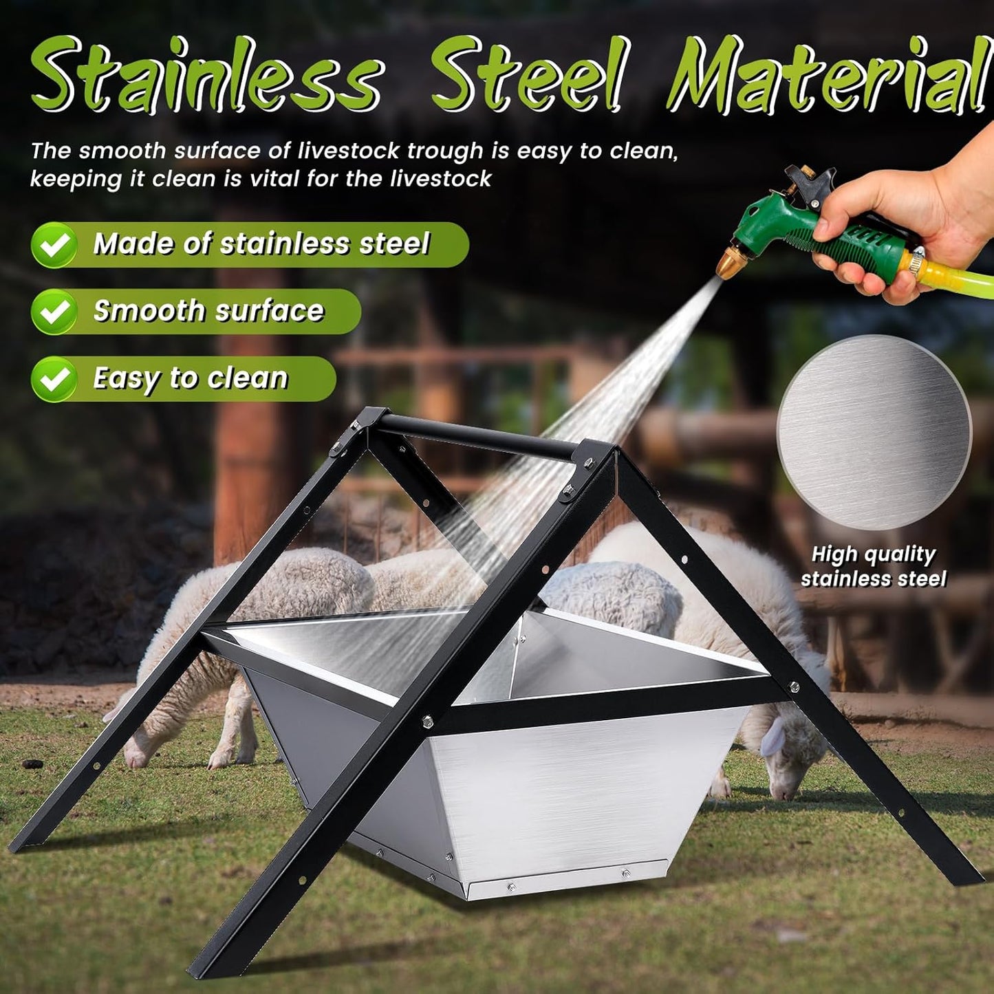 2 Pack Heavy-Duty Livestock Feeder Trough, Stainless Steel Goat Feeder Supplies and Large Capacity Goat Hay Feeder for for Sheep, Horses, Hogs