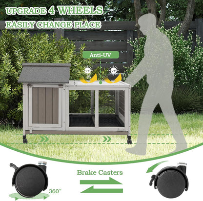 38.19"L Rabbit Hutch Indoor and Outdoor with 4 Wheels,Wooden Rabbit Cage with Pull Out Leak-Proof Tray for 1-2 Rabbits,Bunny Hutch with Asphalt Roof Suitable for Garden,Park,Living Room,Grey