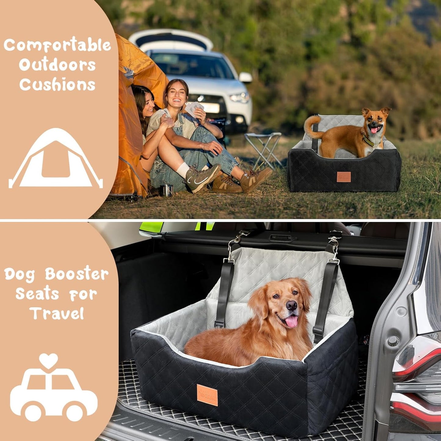 Dog Seat for Car Travel, Booster Car Seat for Large/Medium Dogs Under 55 lbs or 2 Small Pets, Detachable & Washable Dog Seat Bed with Safety Leashes & Thick Cushion (Black&Grey)