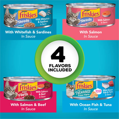 Purina Friskies Wet Cat Food Variety Pack Fish-A-Licious Extra Gravy, Prime Filets and Tasty Treasures - (Pack of 32) 5.5 oz. Cans
