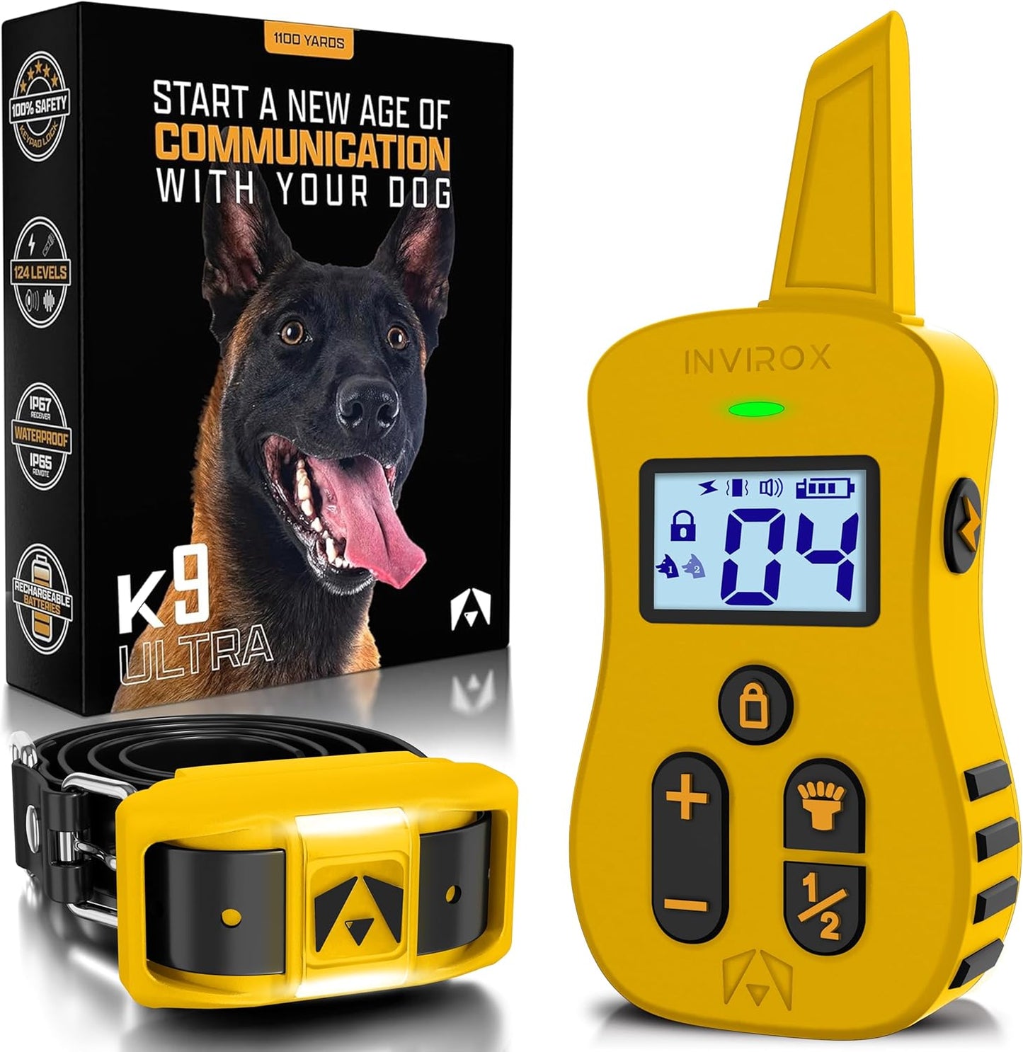 INVIROX E Collar for Dog [Ultra K9] 124 Training Levels, 4 Powerful Modes with Night-Light and ¾ Mile Range 100% Safe Dog Training Collar for Large Dogs IP67 Waterproof