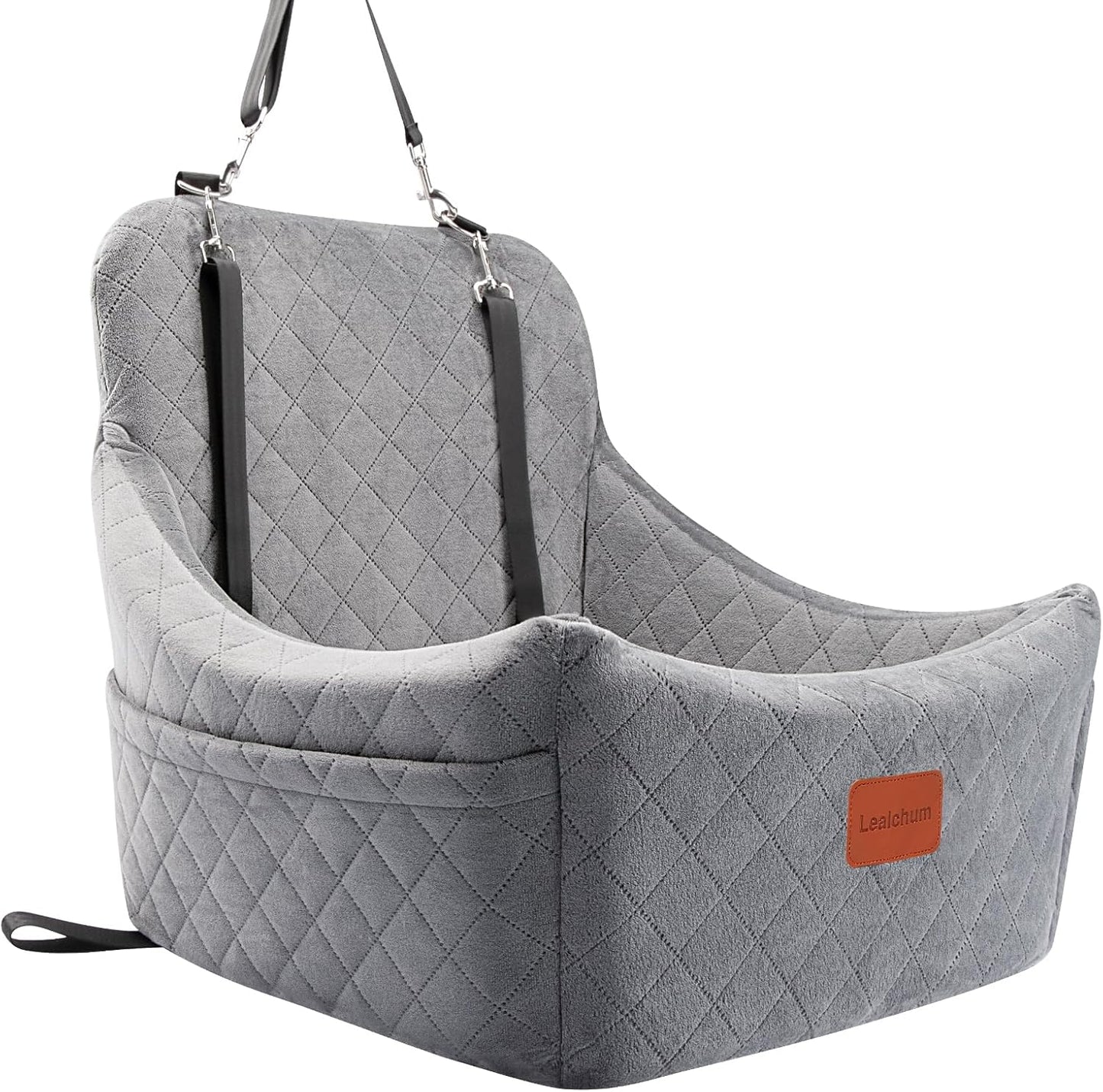 Dog Car Seat for Medium Dogs Up to 40lbs,Fully Detachable and Washable,Easy to Install with Adjustable Straps,Anti-Slip Base Travel Car Bed for Pets,2 Side Pockets(Grey,Medium)