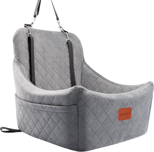 Dog Car Seat for Medium Dogs Up to 40lbs,Fully Detachable and Washable,Easy to Install with Adjustable Straps,Anti-Slip Base Travel Car Bed for Pets,2 Side Pockets(Grey,Medium)