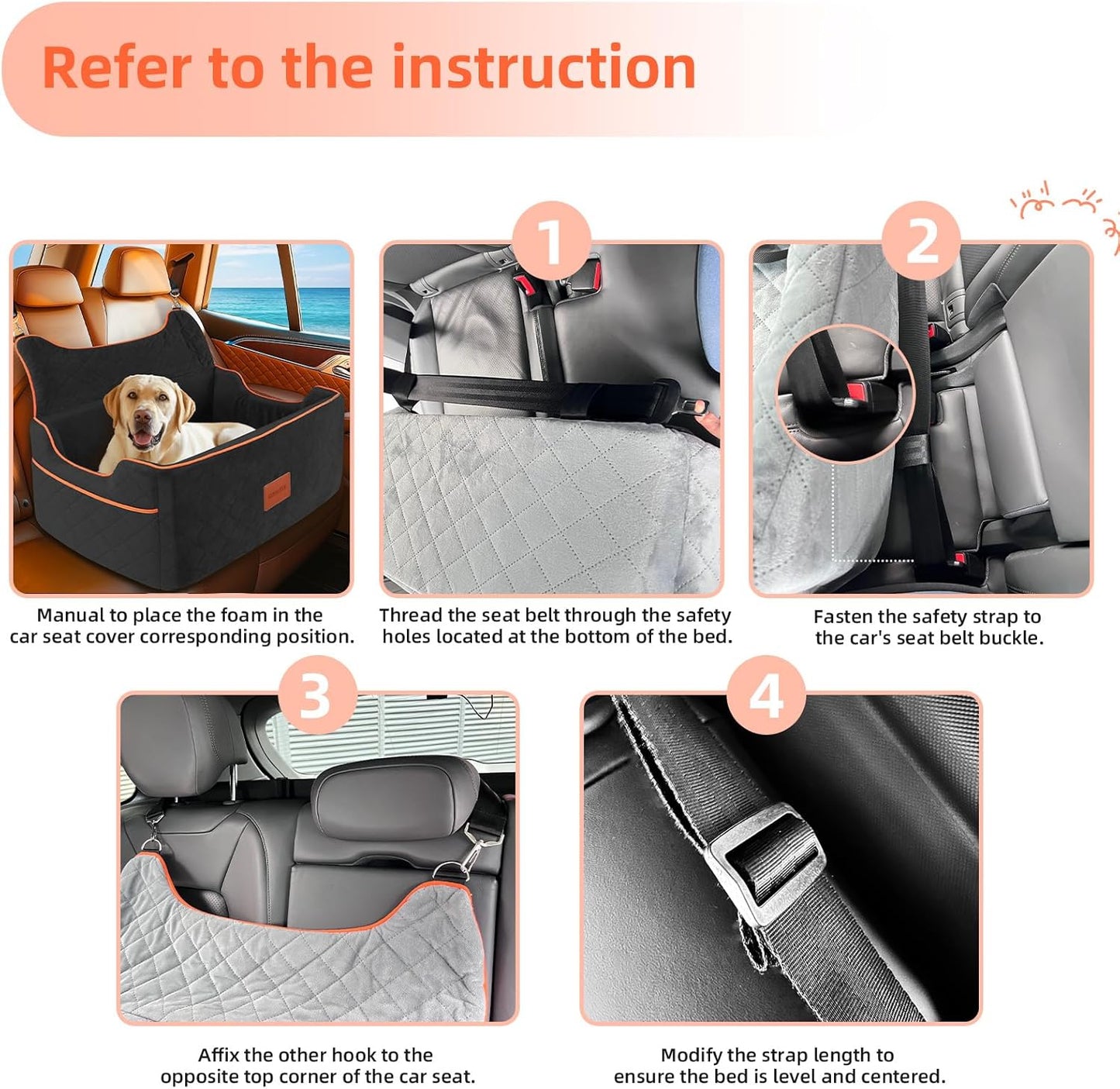 Dog Car Seat for Large or Medium Sized Dog, Detachable Washable Pet Car Seat, Fits Pets Under 55 lbs or 2 Small Dogs, Multi-Functional Dog Booster Seat, Travel Dog Bed for Car, Black&Grey