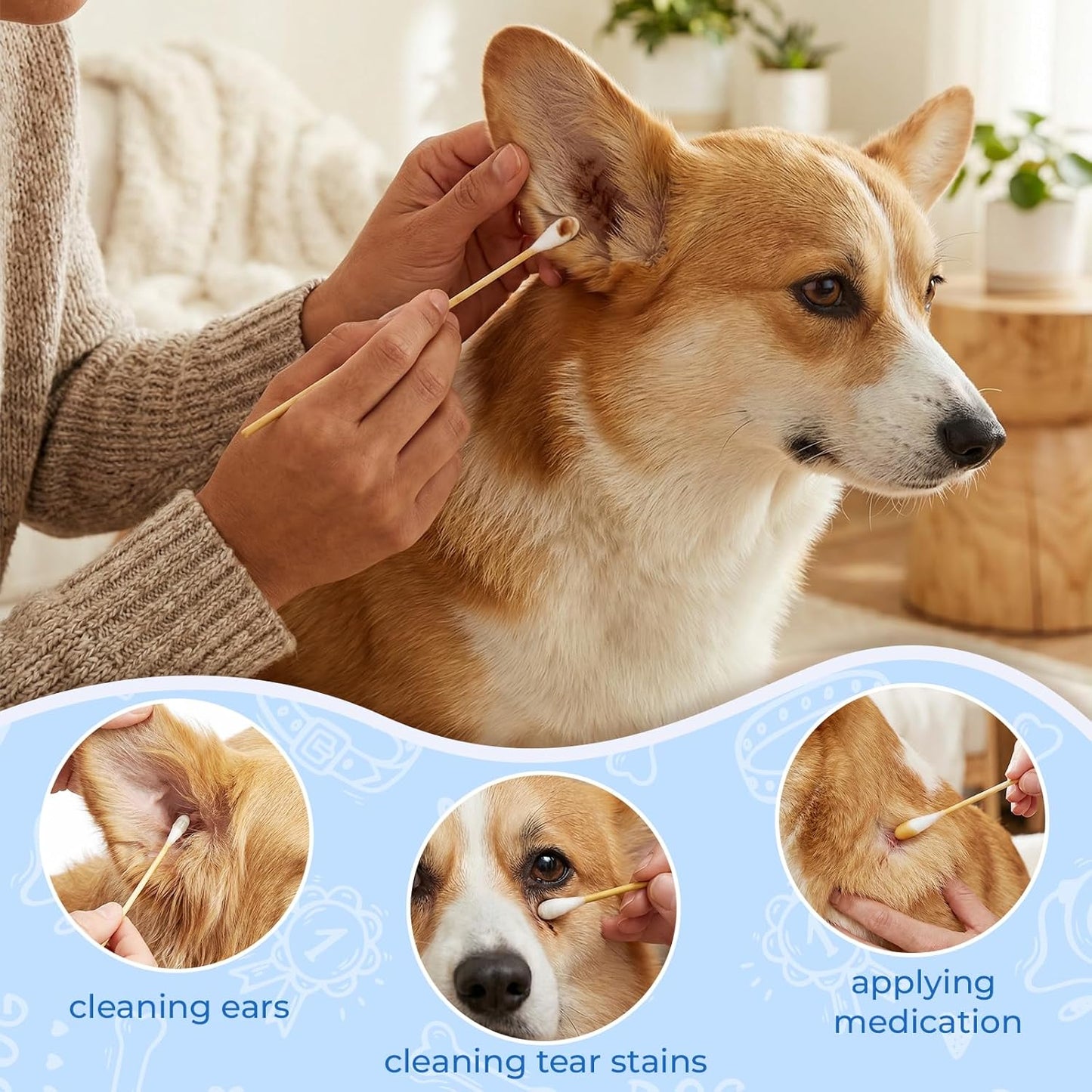 6 Inch Large Cotton Swabs for Dog Ear Cleaning - Extra Long Handle Dog Ear Swabs, Soft & Absorbent Big Cotton Tips, Perfect for Pet Care & Daily Grooming (100 Pcs)