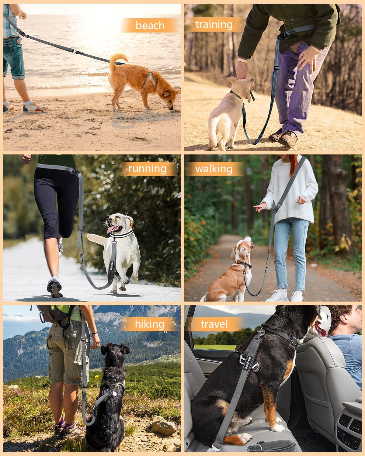 Hands Free Dog Leash, Multifunctional Crossbody Heavy Duty Dog Leash, 9.5 ft Long Waist Belt with Car Safety Buckle for Medium and Large Dogs Walking,Jogging,Running,Training (Grey 5.9-9.5ft).