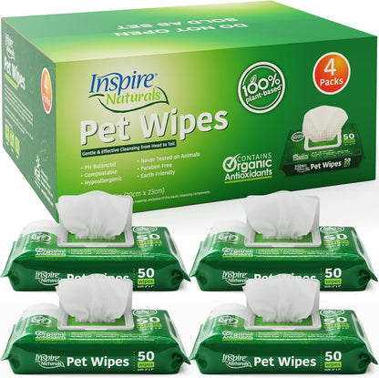 Inspire Naturals Pet Wipes for Dogs and Cats 100% Natural Plant Based with Organic Antioxidants, Dog Wipe Cleaning Deodorizing | Cat Wipes | Puppy Wipes | Dog Wipes for Paws and Butt (200ct - 4 Pack)