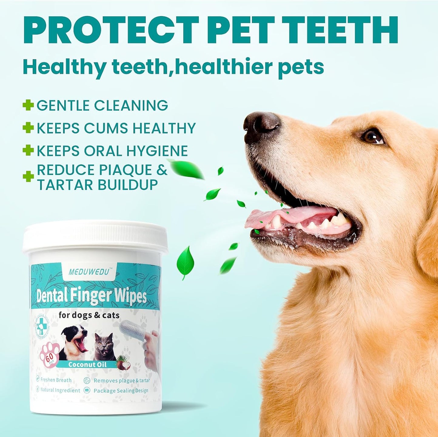 Dental Care Finger Wipes 60 Counts,Teeth Cleaning Finger Wipes for Dogs & Cats,Reduces Plaque & Freshens Breath, Mint Scent