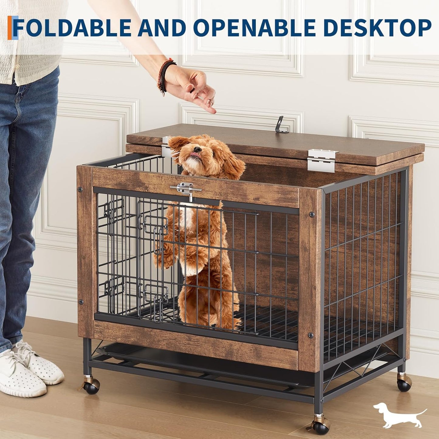 26-Inch Double-Door Pet Crate Furniture, Wooden Dog House with Locking Wheels, Chew-Resistant Indoor Pet Side Table, Rustic Brown Finish, Versatile Pet Housing Solution