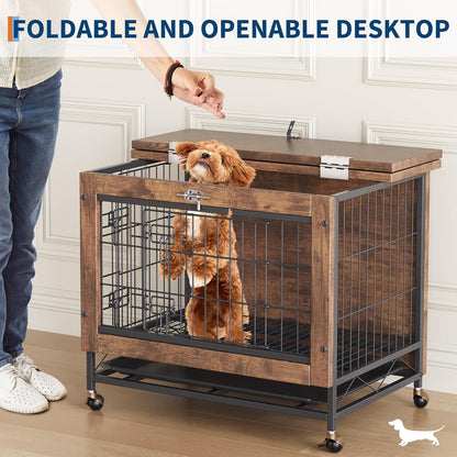 26-Inch Double-Door Pet Crate Furniture, Wooden Dog House with Locking Wheels, Chew-Resistant Indoor Pet Side Table, Rustic Brown Finish, Versatile Pet Housing Solution