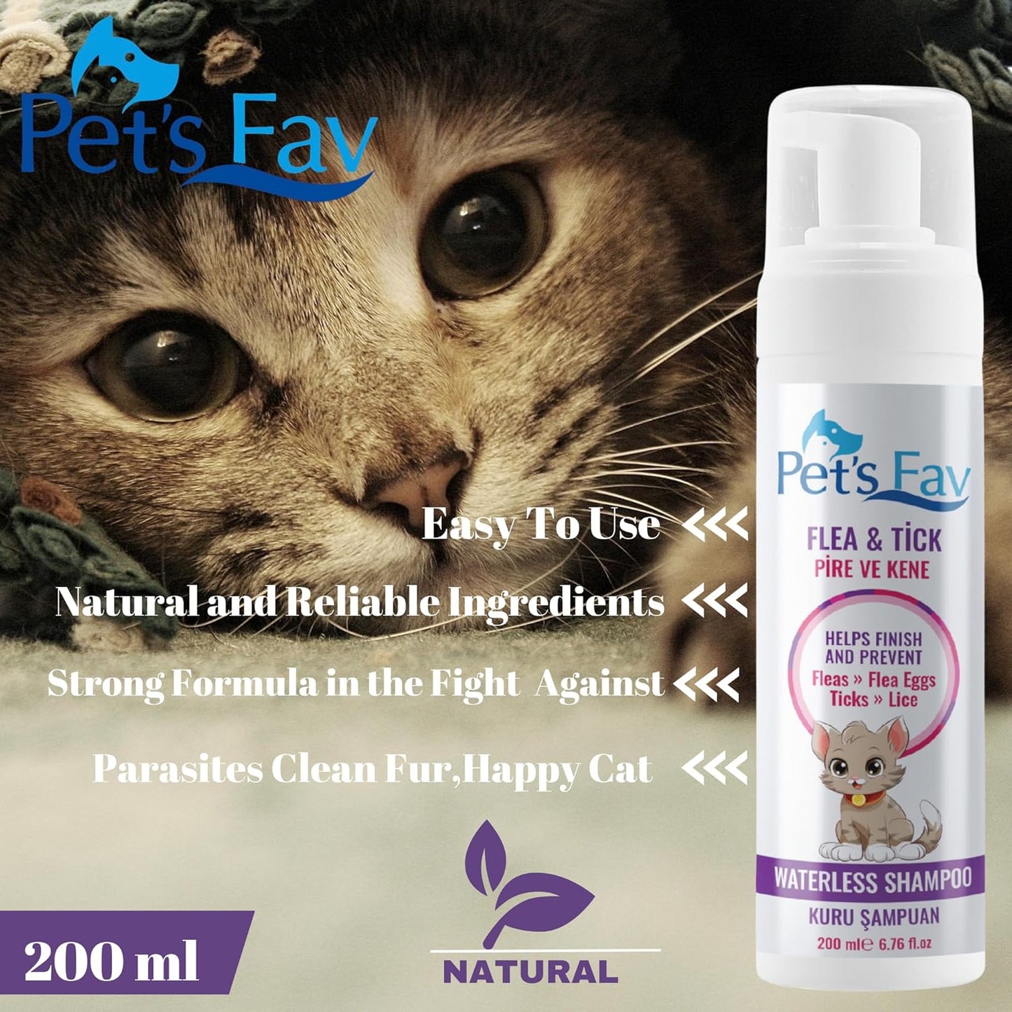 Flea & Tick Waterless Cat Shampoo - Natural Dry Foam for Cats & Kittens