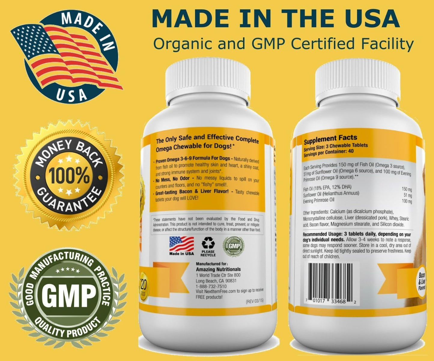 Amazing Dog Skin and Coat and Probiotics for Dogs Joint Digestive Bundle - Omega 3 for Dogs Itchy Skin Relief for Dry Skin, Hot Spots and Shedding, Eliminates Joint Pain, Gas and Diarrhea Elimination