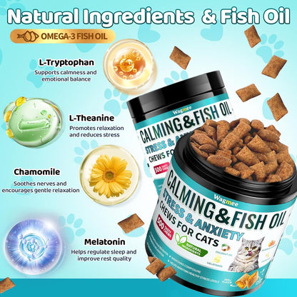 Wagmee Cat Calming Treats - 500 Crunchy & Creamy Cat Chews with Melatonin, Chamomile for Cat Stress and Anxiety Relief - Travel, Vet Visits, Storms and Separation Anxiety, Chicken and Krill Flavor