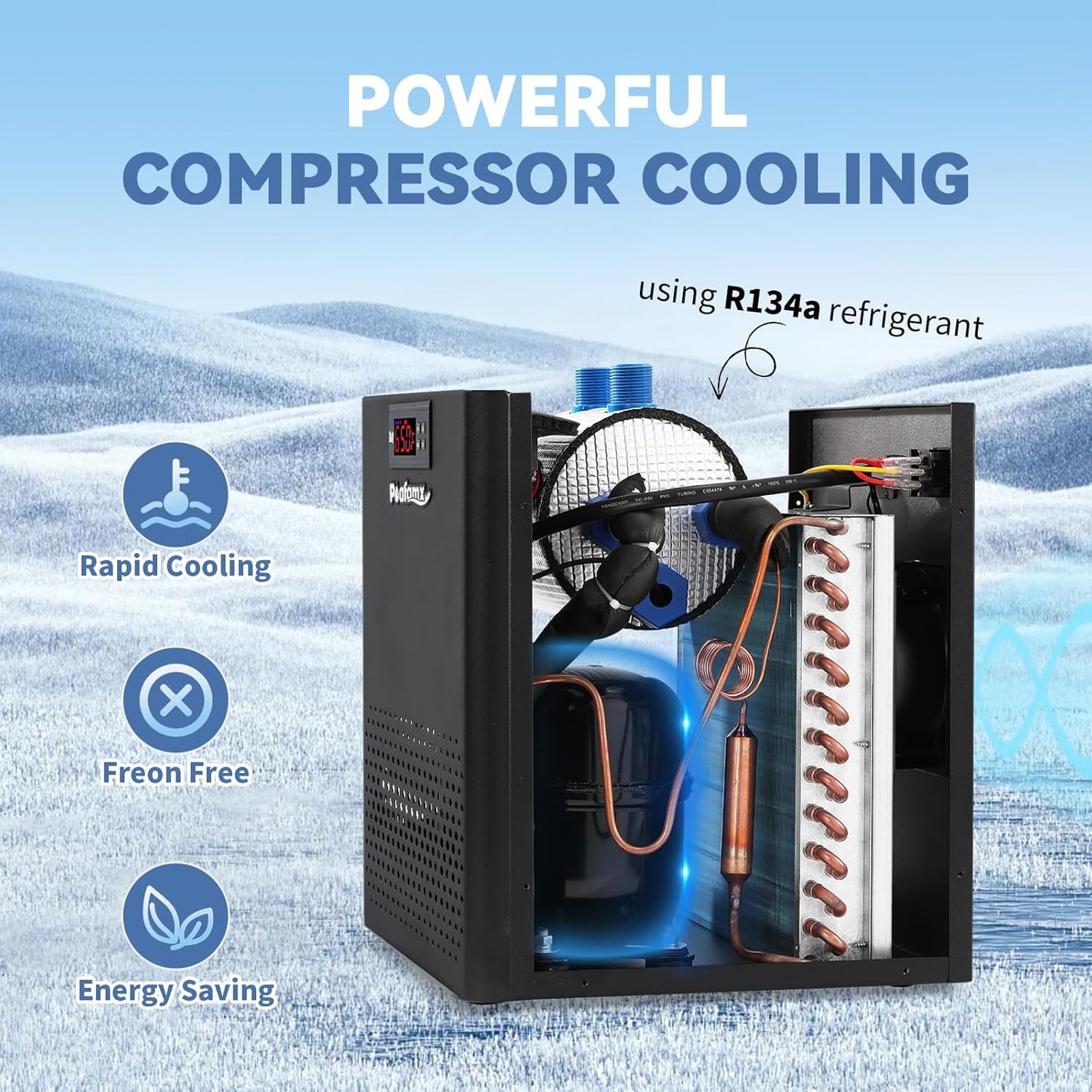 Poafamx Aquarium Chiller 26gal Aquarium Cooler 1/13 HP Fish Tank Chiller Hydroponic Water Chiller with Quiet Refrigeration Compressor for Saltwater Freshwater Axolotl Coral Jellyfish