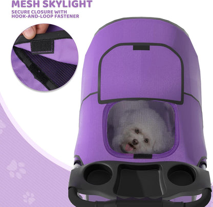 Magshion 3-Wheel Pet Stroller, Foldable Travel Jogger for Small & Medium Dogs & Cats (Up to 33lbs), Lightweight Carrier with Breathable Mesh Cover, Cup Holder & Storage Basket, Purple