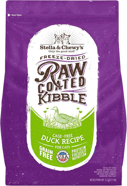 Stella & Chewy's Raw Coated Cat Food - High Protein, Grain-Free Kibble with Cage-Free Duck - Premium Digestive Support with Probiotics - Natural Small Kibble - Perfect For Picky Eaters - 2.5 lb Bag