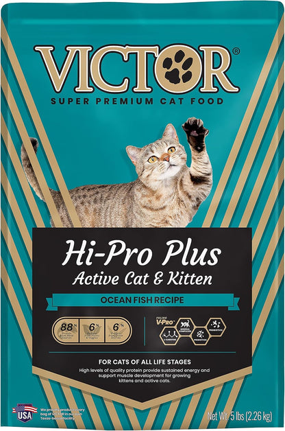 VICTOR Super Premium Cat Food – Hi-Pro Plus Active Adult Cat and Kitten – Dry Feline Food for Active Cats – All Breeds and All Life Stages – Supports Energy, Healthy Coat, Immune Function, 5lb
