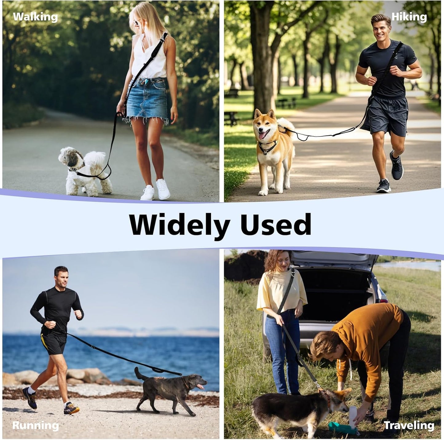 Hands Free Dog Leash, 8.5ft Versatile Crossbody Waist with 3 Rings for Puppy, Small & Medium Dogs, Easy Adjust for Running Jogging Walking, Sponge Handle, Black
