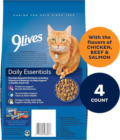 9Lives Daily Essentials Dry Cat Food for Adult Cats with Chicken, Beef & Salmon Flavors, 3.15 lb. Bag (Pack of 4)